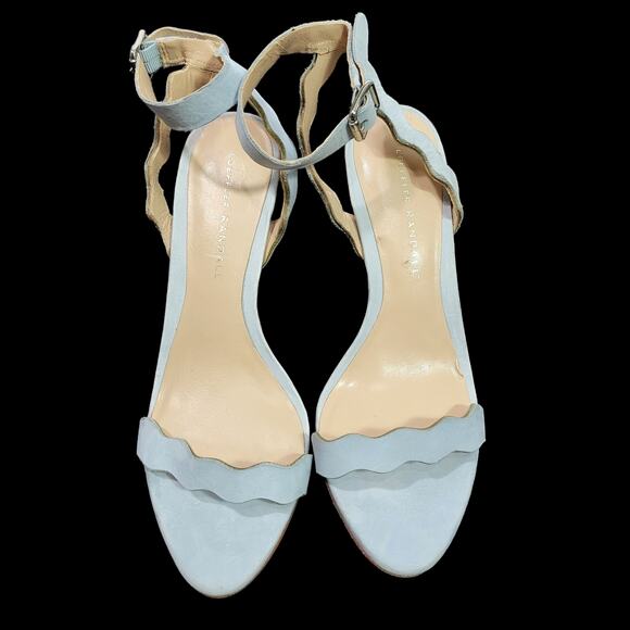 Loeffler Randall Reina Heel Blue Sandals Ankle Strap Leather Wavy Scalloped 8.5 - Picture 11 of 15